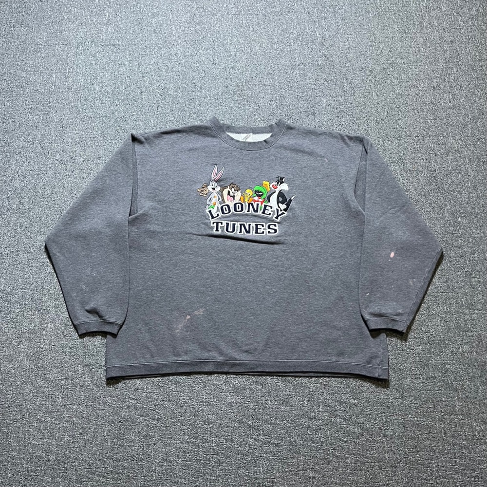Vintage Warner Bros Looney Tunes Sweatshirt XL Grey Embroidered 90s Character